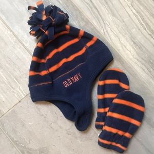 Adorable blue and orange fleece hat/mittens
